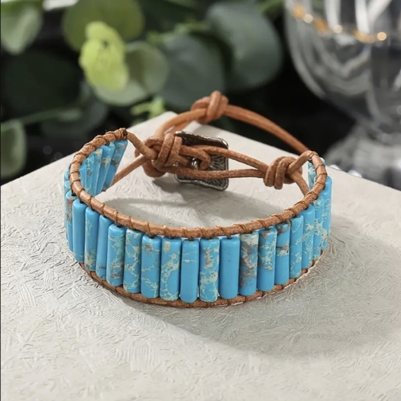 Bracelet Stone Leather Vintage Style Rocker Hippie Surfer Mens Chakra Bracelet - Picture 7 of 7